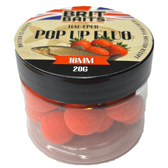 BritBaits Pop Up Fluo Fish Strawberry 16 mm Boilies, Bright Floating Carp Hookbaits, High Visibility, Sweet Aroma, Carp Fishing Accessories