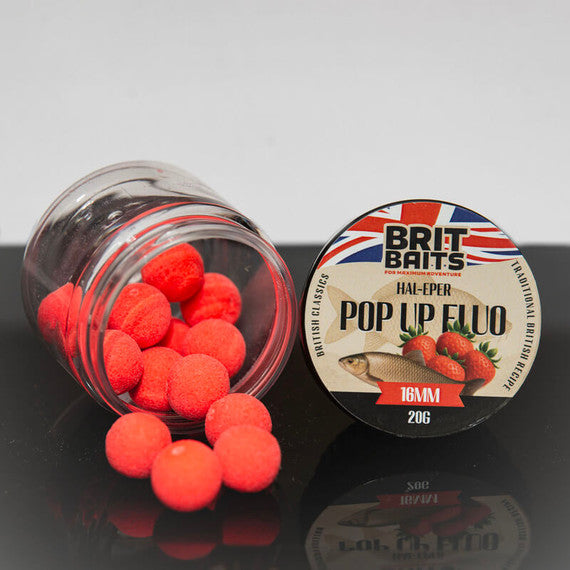 BritBaits Pop Up Fluo Fish Strawberry 16 mm Boilies, Bright Floating Carp Hookbaits, High Visibility, Sweet Aroma, Carp Fishing Accessories